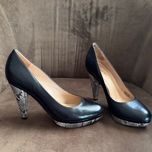 ANTONIO MELANI Black and Snakeskin Pattern Platform Heels
